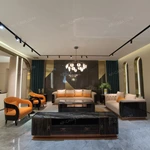 Beige Leather Sofa Set with Button Tufting Craftsmanship, Natural Wood Veneer & Orange Quilted Accents